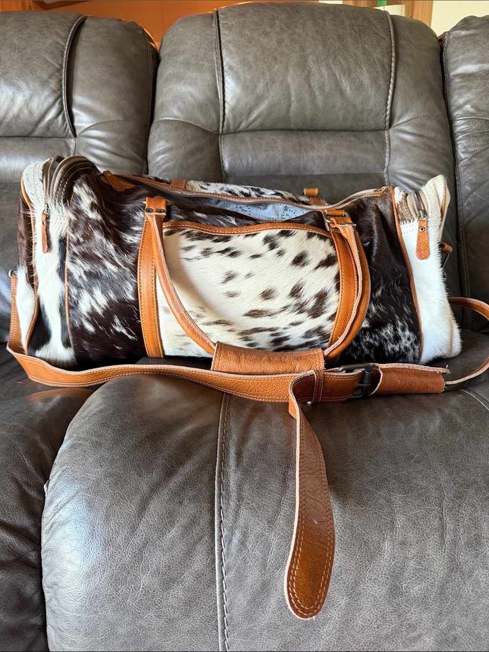 Myra Bag Brown and White Hair-On-Hide Leather Travel Duffle with Tan Trim
